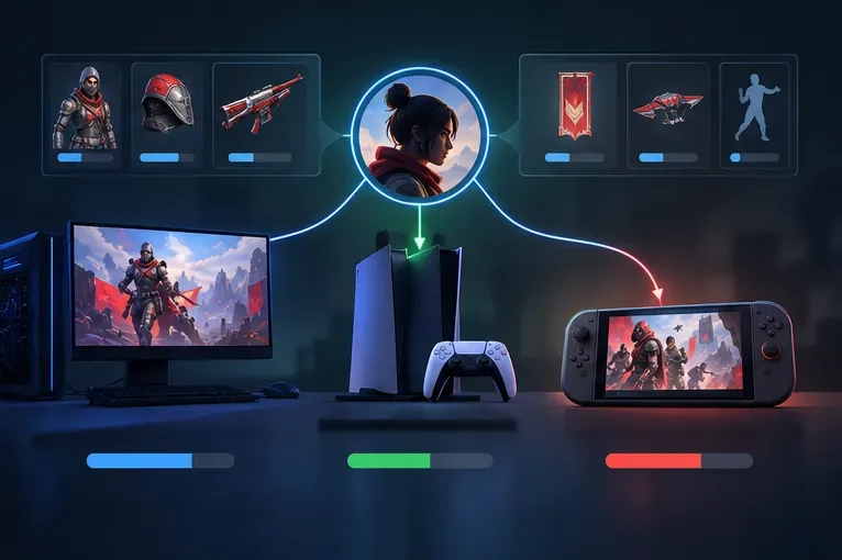 Perfil conceitual que conecta telas de PC, console e portáteis com o progresso do jogo e itens cosméticos.