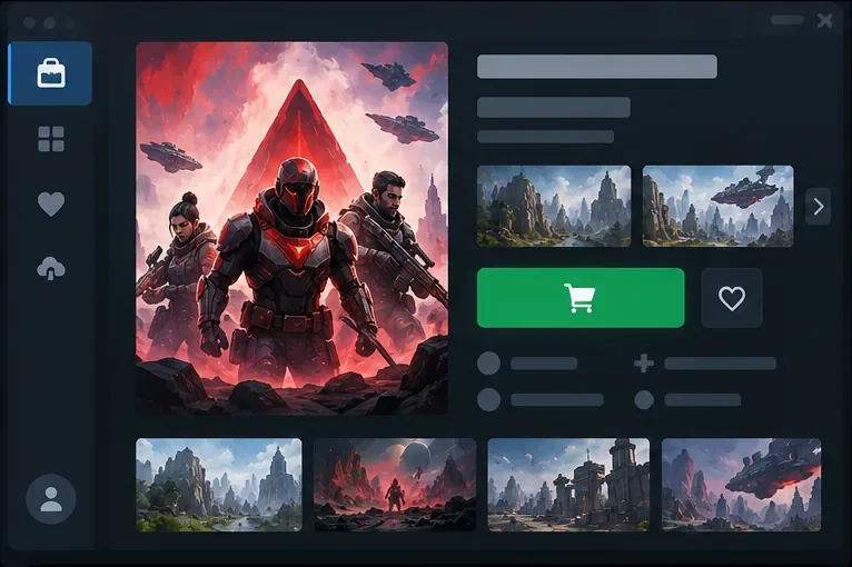 Conceito de anúncio em uma loja de PC com um ícone de jogo e um botão "Obter" em destaque.