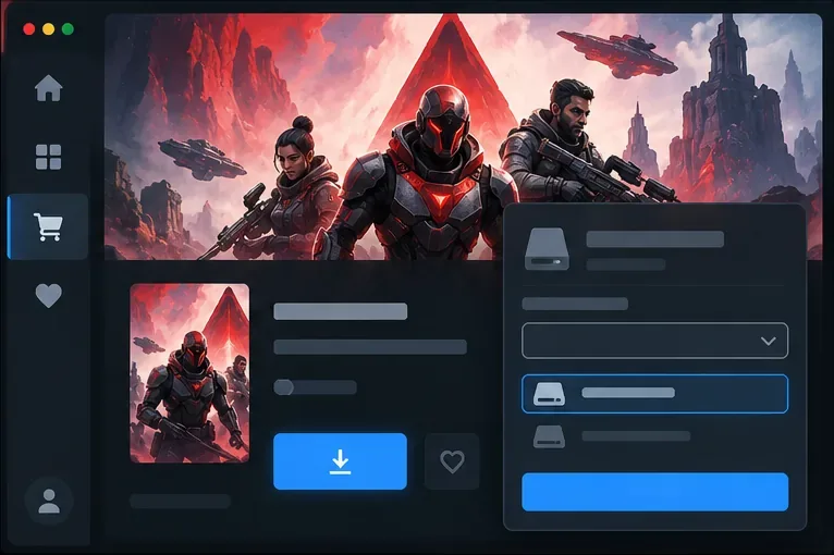 Página conceitual de uma loja de jogos para PC com um jogo selecionado, botão de instalação e menu de localização da unidade.