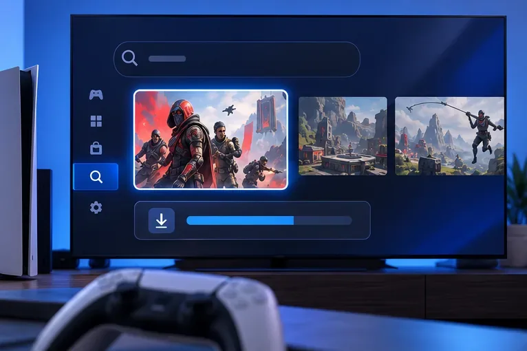 Televisão exibindo uma busca genérica em uma loja de consoles com um jogo selecionado e um controle em frente.