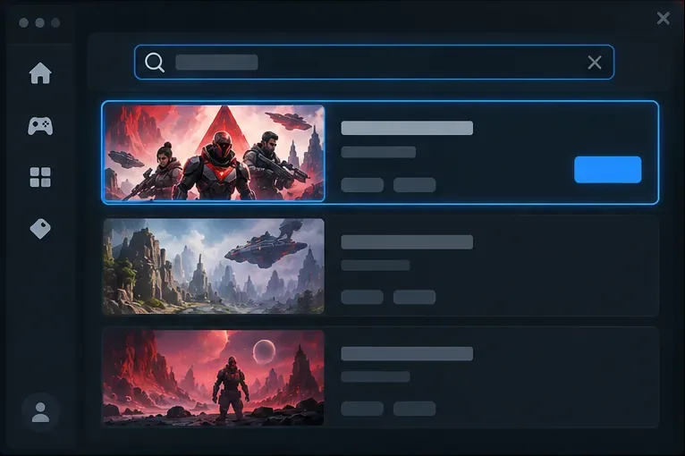 Tela conceitual de busca para inicializador de PC com um jogo selecionado e um botão de ação.