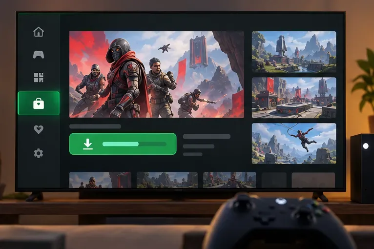 Televisão exibindo uma listagem genérica de uma loja de jogos com um grande botão de download e um controle por perto.
