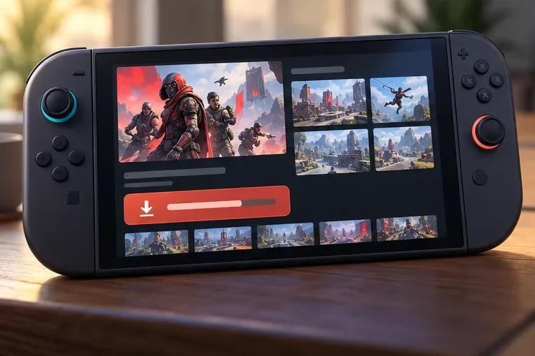Sistema de jogos portátil exibindo uma página genérica de loja de jogos com uma opção de download.