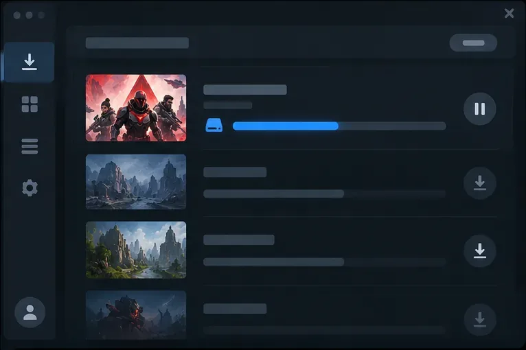 Fila conceitual de inicialização de jogos com download selecionado, barra de progresso e controle de pausa.