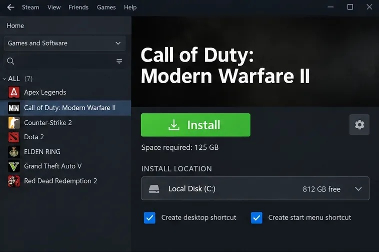 Steam Library interface showing Modern Warfare II and the Install button with drive-selection options