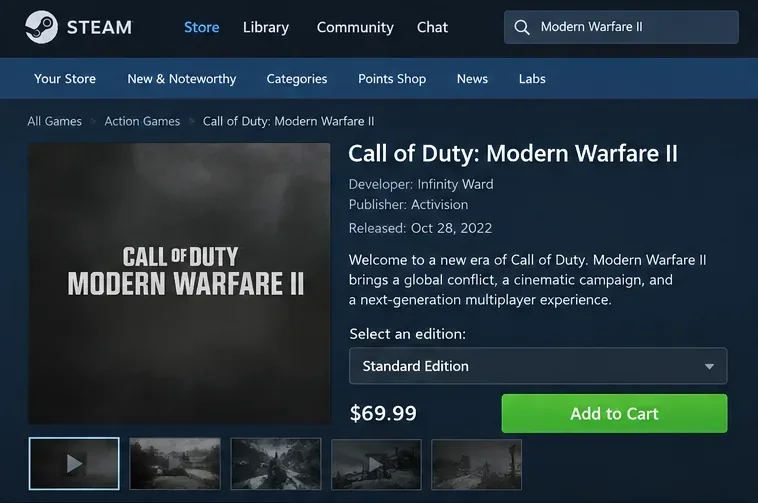 Steam storefront view showing the Modern Warfare II game listing and purchase control