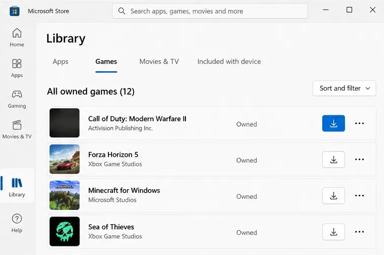 Windows Microsoft Store Library with Modern Warfare II listed and a blue download icon