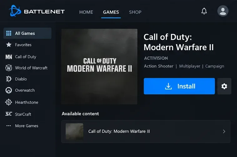 Battle.net All Games interface with Modern Warfare II selected and the Install button visible