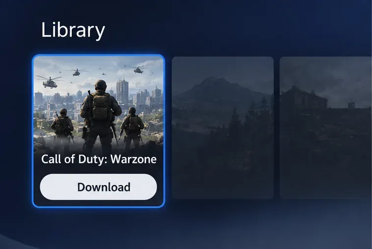 Illustrative PlayStation-style game library card for Call of Duty: Warzone with a Download button.
