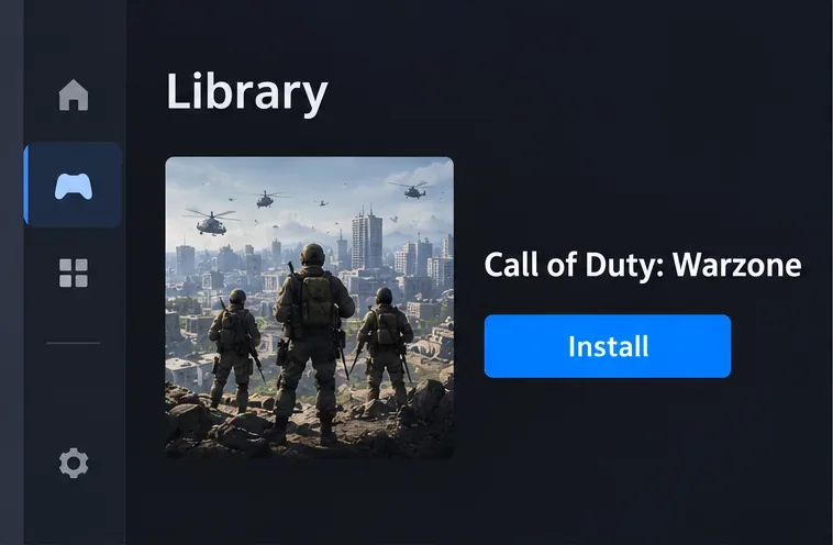 Illustrative PC game library panel with Call of Duty: Warzone and an Install button.
