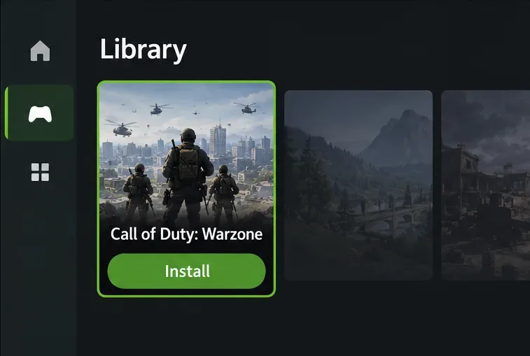 Illustrative Xbox-style game library card for Call of Duty: Warzone with an Install button.