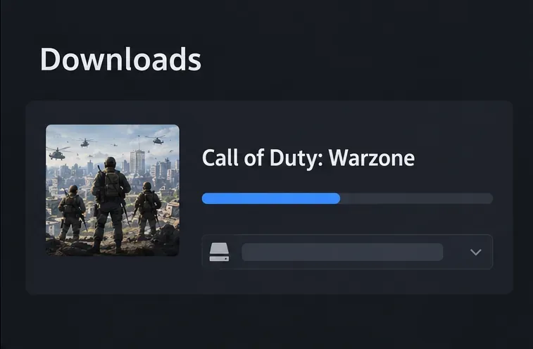 Illustrative PC downloads panel showing Call of Duty: Warzone with a progress bar.