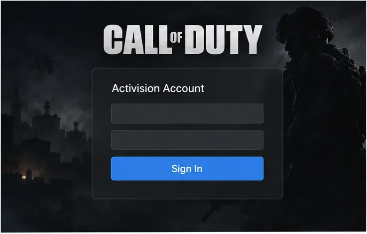 Illustrative Call of Duty sign-in screen with an Activision Account panel and Sign In button.