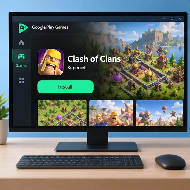 На экране монитора Windows отображается игра Clash of Clans в Google Play Games на ПК с кнопкой «Установить».