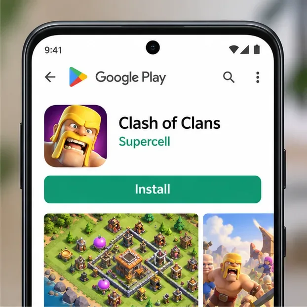 В Google Play в качестве издателя Clash of Clans указана компания Supercell, а также кнопка «Установить».