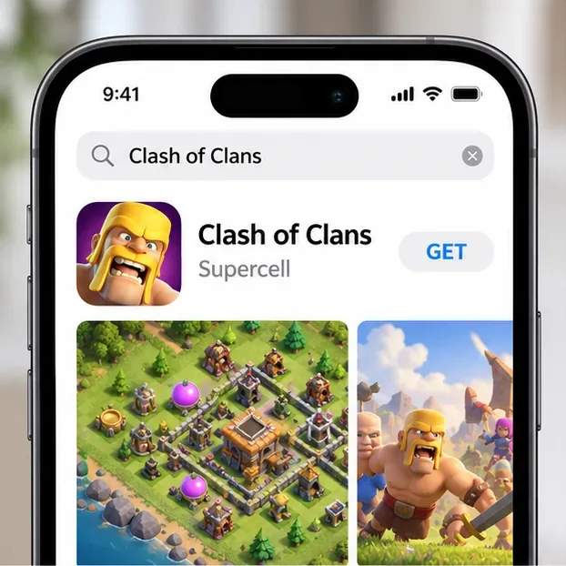 В описании приложения Clash of Clans в App Store для iPhone указана компания Supercell в качестве издателя, а также кнопка «Получить».