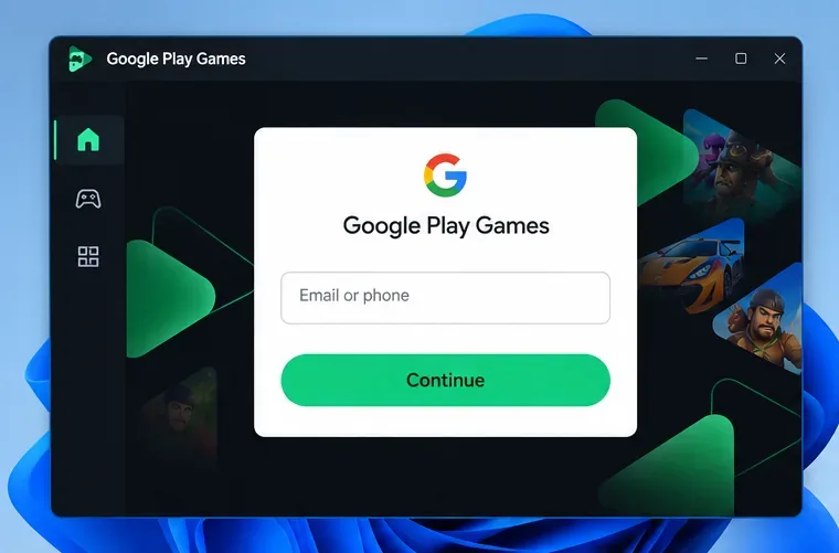Экран входа в Google Play Games с пустым полем для учетной записи Google и кнопкой «Продолжить».