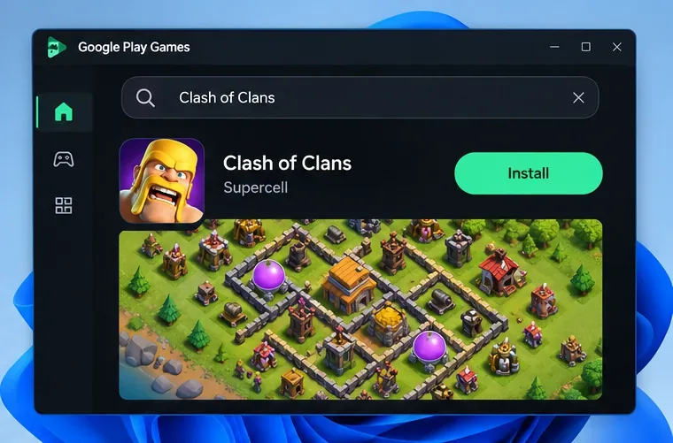 В результатах поиска в каталоге Google Play Games отображается игра Clash of Clans от Supercell с кнопкой «Установить».