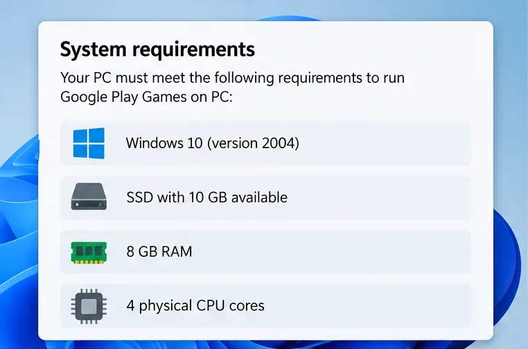 На иллюстрации показан экран с требованиями Windows, отображающий версию Windows, SSD-накопитель, оперативную память и процессор для игр Google Play на ПК.