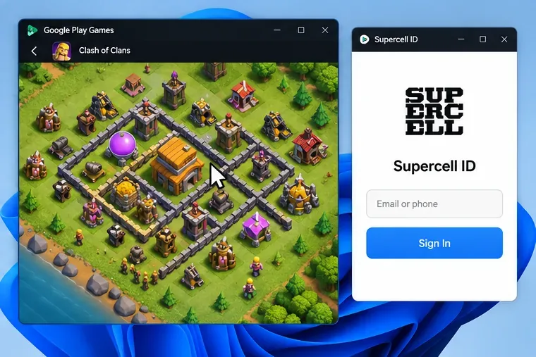 Схематическое изображение работающей на рабочем столе игры Clash of Clans рядом с панелью входа в систему через Supercell ID.