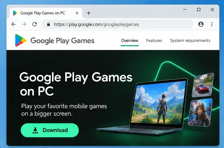 В окне браузера открывается официальная страница Google Play Games для ПК с кнопкой «Скачать».
