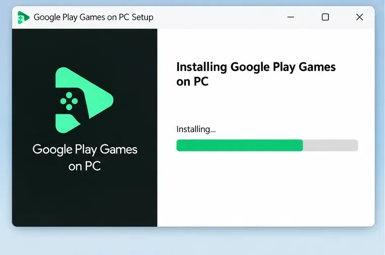 В окне установки Google Play Games на ПК отображается индикатор выполнения установки на рабочем столе Windows.