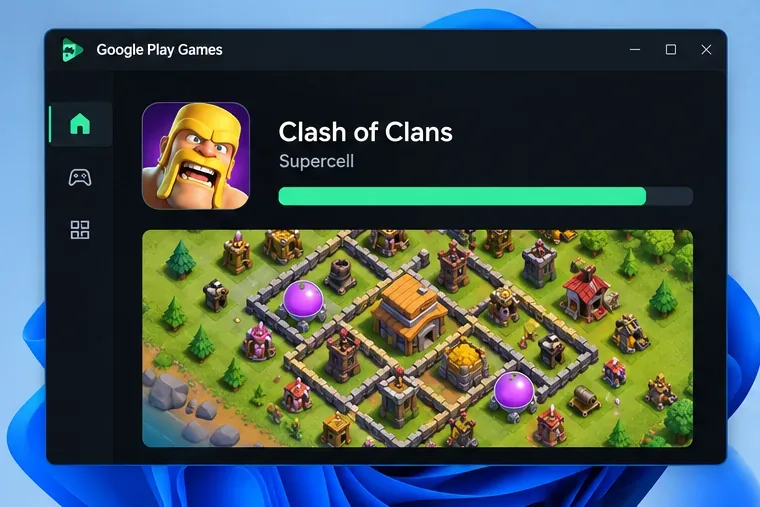 Страница игры Clash of Clans в Google Play Games на ПК с индикатором выполнения установки.