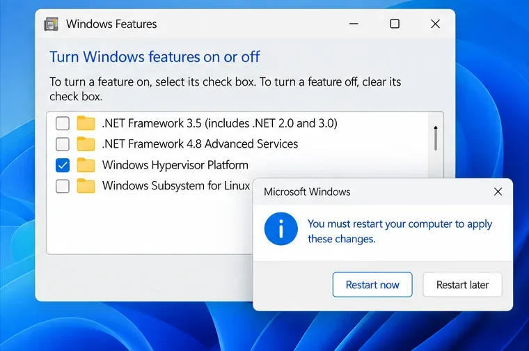 Диалоговое окно настроек Windows, отображающее параметр «Платформа гипервизора Windows» и кнопку «Установить и перезапустить».
