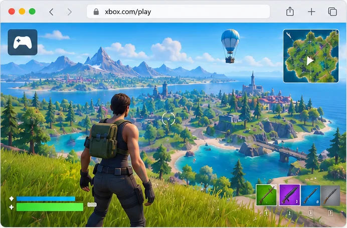Illustrative Fortnite gameplay streamed inside a browser window on a Mac