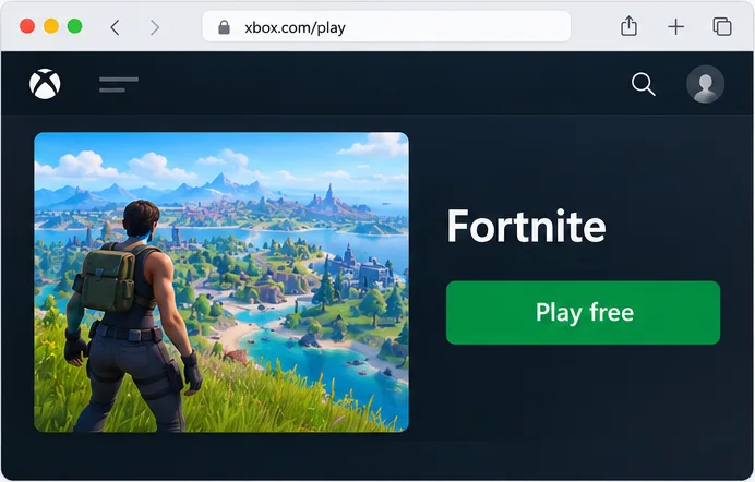 Fortnite selected in an Xbox cloud gaming catalog in a Mac browser