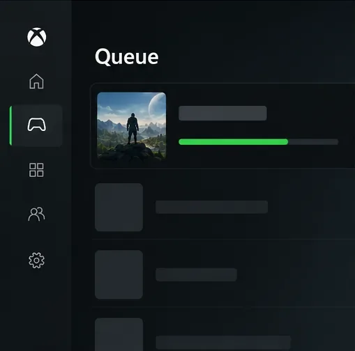 Ilustração da tela de fila do console Xbox com uma barra de progresso do jogo.