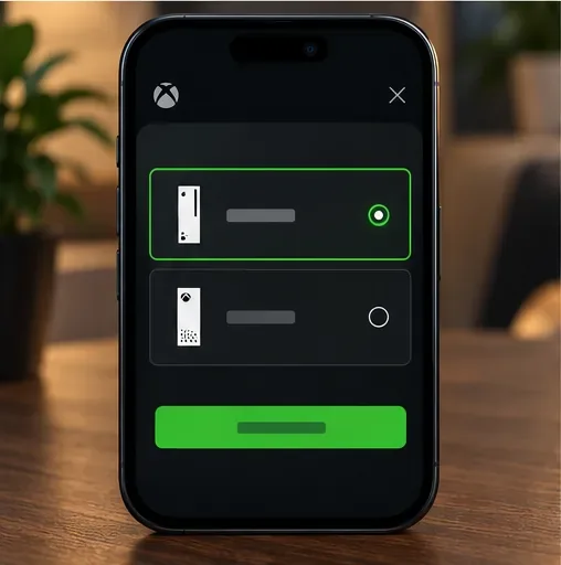 Ilustração da tela do celular mostrando um seletor de consoles com um Xbox selecionado.