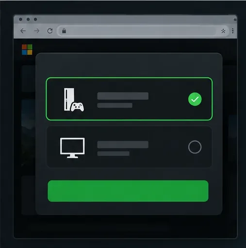 Ilustração do seletor de dispositivos do navegador com um console Xbox selecionado.