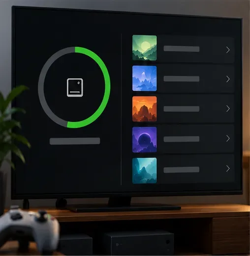 Visão geral do armazenamento do Xbox com um anel indicador de capacidade e várias fileiras de jogos.