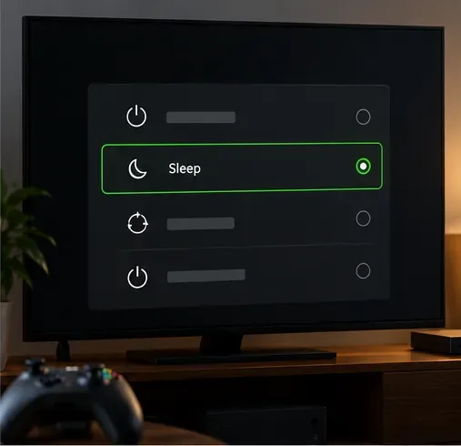 Ilustração das configurações de energia do Xbox com a opção "Suspender" selecionada.