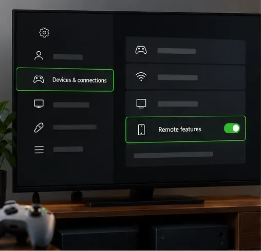 Tela de configurações do Xbox com Dispositivos e conexões selecionados e Recursos do controle remoto ativados