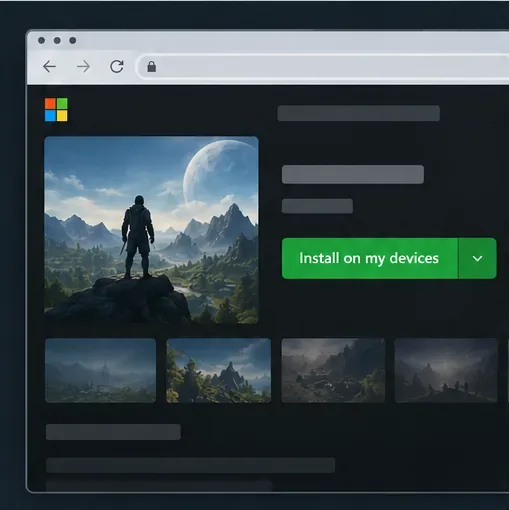 Ilustração da listagem de jogos da Microsoft Store no navegador com a opção "Instalar nos meus dispositivos".