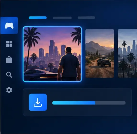 Console game library mockup with a selected game and an active download bar