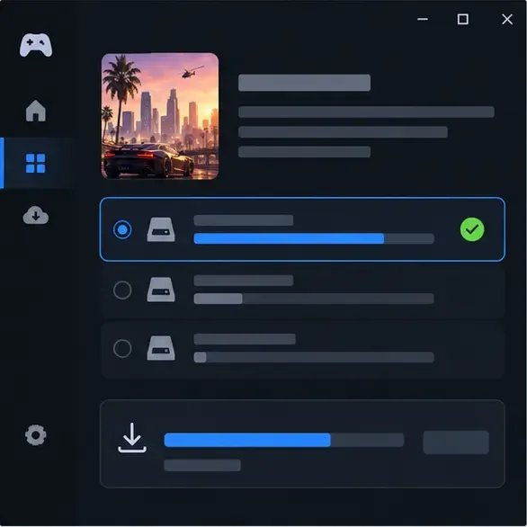PC launcher mockup with a selected install drive and a download progress bar