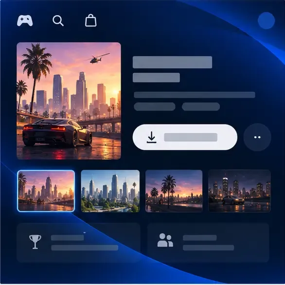 Blue console store mockup with an open-world game listing and a download control