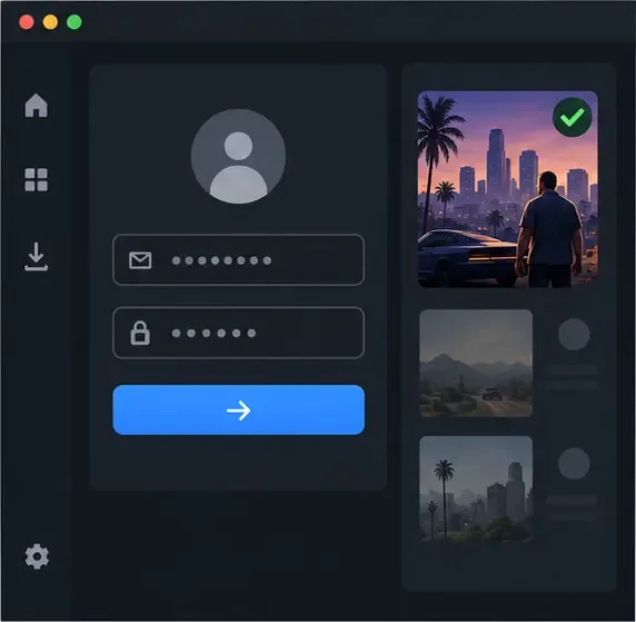 PC game launcher mockup with sign-in fields beside an owned-game tile