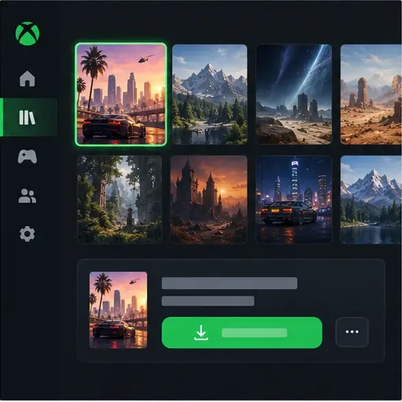 Xbox-style game library mockup with a selected game card and install control