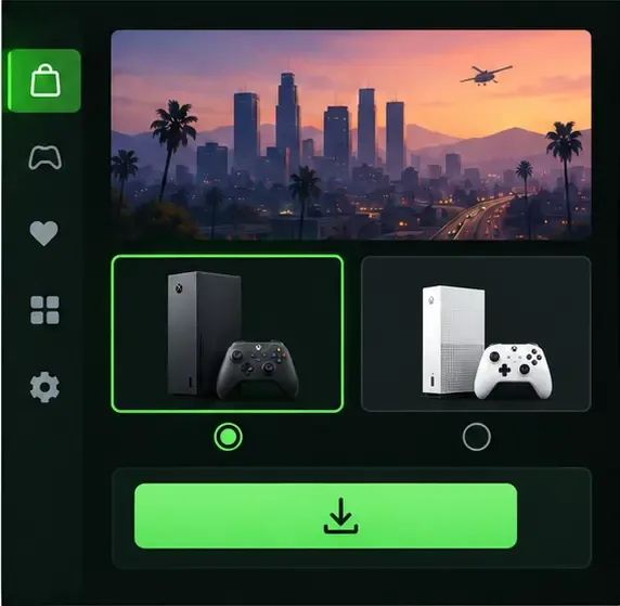 Green-accented console store mockup comparing Xbox console generations with a download action below