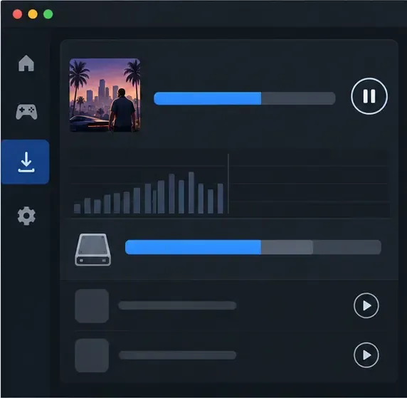 PC download manager mockup with a paused download, resume control, and a storage meter