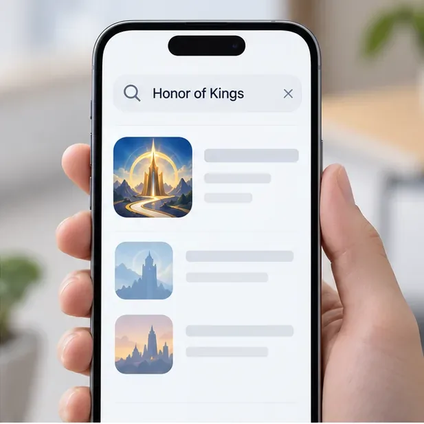 Uma tela de busca genérica de loja de aplicativos para celular mostra Honor of Kings acima de outros jogos listados.