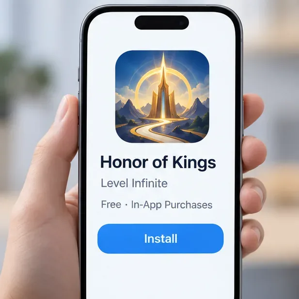 A página do aplicativo Honor of Kings exibe "Nível Infinito", "Grátis" · "Compras no Aplicativo" e um botão "Instalar".