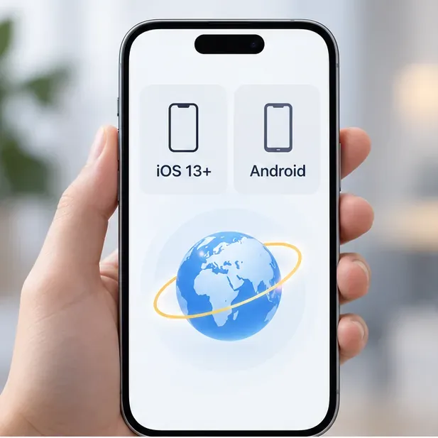 Um telefone exibe etiquetas de compatibilidade com iOS 13+ e Android acima de um ícone de globo.