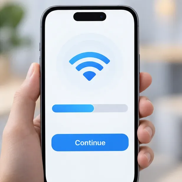Um telefone exibe um símbolo de Wi-Fi, uma barra de progresso parcialmente preenchida e um botão Continuar.