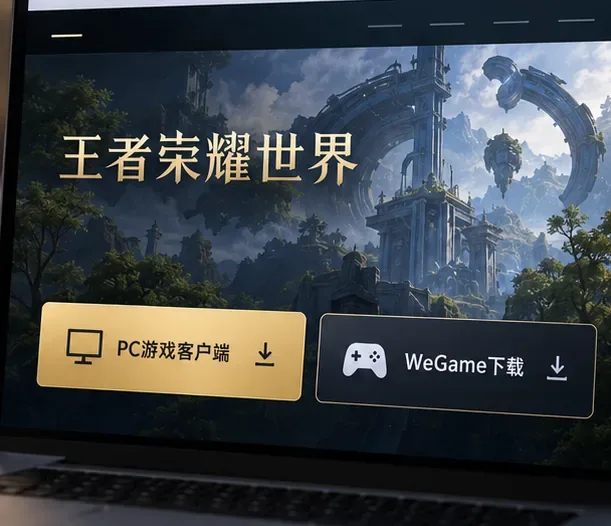 Portal de jogos ilustrativo da região da Tencent China para 王者荣耀世界 com cliente de PC separado e opções de download do WeGame.