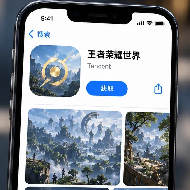 Listagem ilustrativa no estilo China App Store para 王者荣耀世界 mostrando Tencent como desenvolvedor e um botão de download.